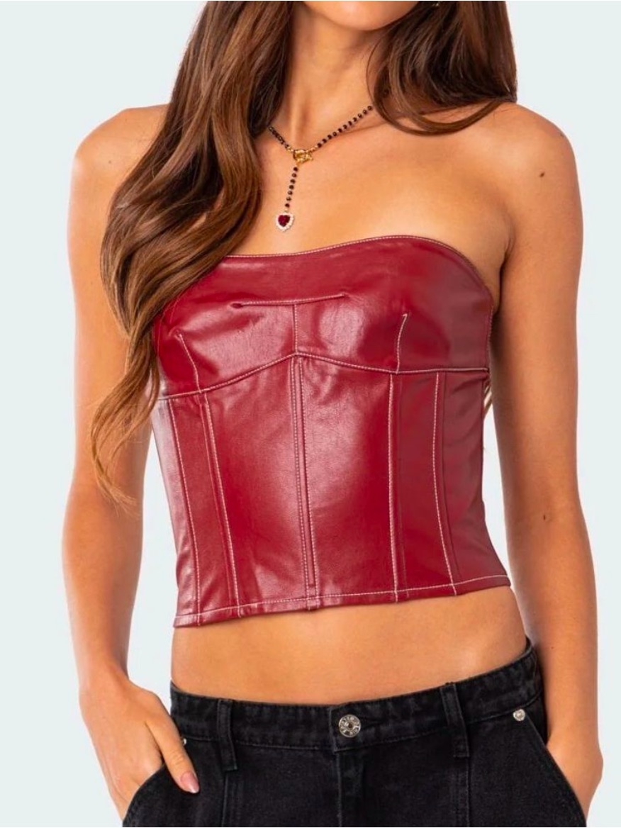 Edikted Red Faux Leather Strapless Corset Crop Top